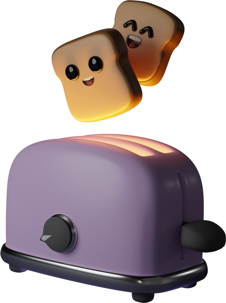 Two pieces of personified toast popping out of a toaster. 3D illustration.